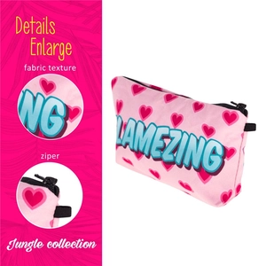 Pink makeup bag with red hearts and zipper detail, portable travel toiletry pouch