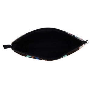 Cosmetic bag with geometric prints and black lining, top view on white background