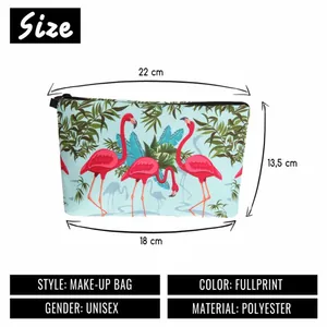 Detailed size chart for the bird print makeup bag showing dimensions and polyester material
