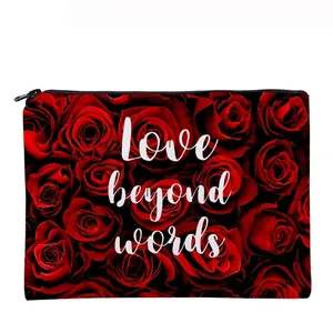 Romantic Red Rose Printed Makeup Bag Love Beyond Words Slogan Waterproof Oxford Cloth Portable Travel Toiletry Organizer