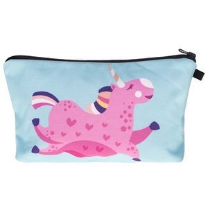 Pink unicorn print makeup bag with light blue background and black zipper closure