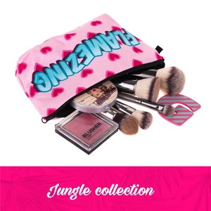 Pink cosmetic bag with red heart pattern and Flamezing text for travel makeup storage