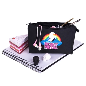 Black canvas rainbow unicorn cosmetic bag with Heavy Metal print and zipper closure