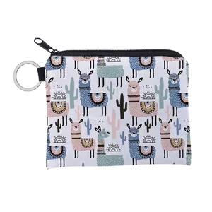 Alpaca Cat Sloth Patterned Coin Purse Polyester Water Resistant Mini Zipper Wallet With Keychain Portable Storage Bag For Women Kids