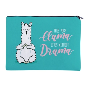 Detail of teal canvas makeup bag with yoga llama print and black zipper closure