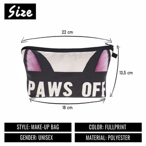 Polyester makeup bag with Paws Off print and cat ears, sized 22x13.5cm for travel storage