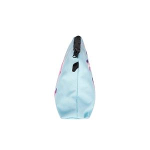 Detail view of pink unicorn print on light blue makeup bag with a black zipper closure