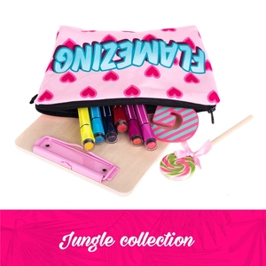 Pink heart pattern cosmetic travel bag with zipper and Flamezing print for daily organization