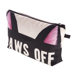 Portable makeup bag with cat ears print and Paws Off text on white background