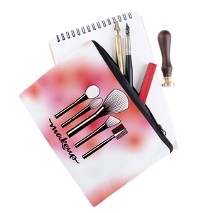 Floral makeup bag with brush print and makeup text on white canvas background