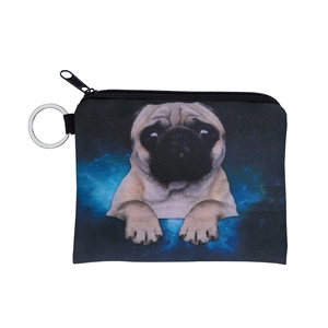Close-up of portable coin purse with realistic pug print and starry nebula background