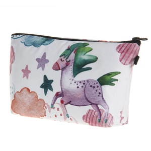 Portable white canvas makeup bag featuring a creative watercolor unicorn and stars print