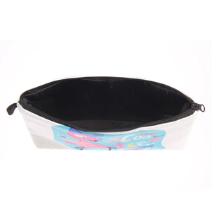 Trousse de maquillage avec imprimé flamant rose et pois bleus sur fond blanc