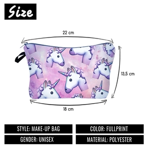 Size diagram of unicorn printed polyester cosmetic travel bag with zipper and strap