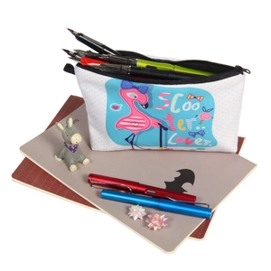 Trousse à maquillage en toile blanche avec imprimé flamant rose et grande capacité