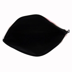 Portable square makeup bag in pink and white fabric with zipper closure for travel