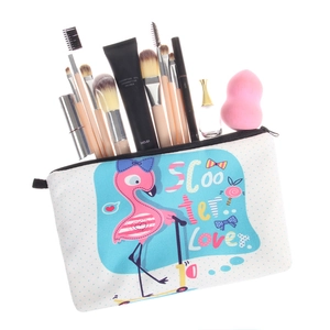 Trousse de maquillage portable en toile blanche avec motif flamant rose et fermeture
