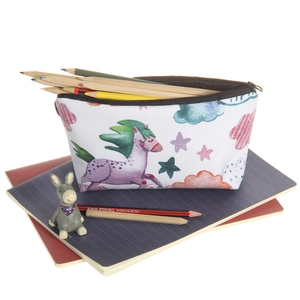 White unicorn print cosmetic bag with clouds and stars patterns and black zipper