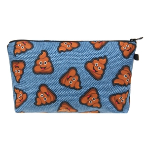 Denim style travel makeup bag with cartoon poop print and secure black zipper closure
