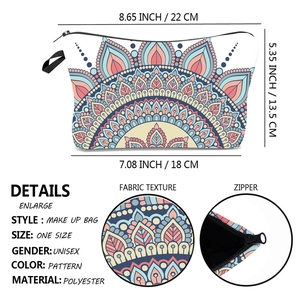 Mandala floral polyester cosmetic bag with top zipper and 22x13.5x18cm dimensions