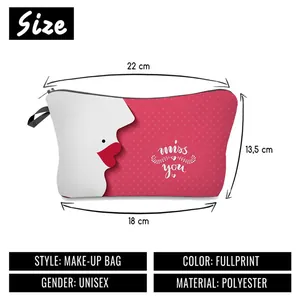 Detailed size chart showing dimensions of the floral printed polyester makeup bag