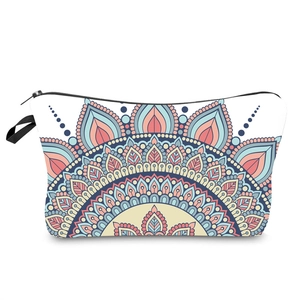 Portable mandala print makeup bag with colorful geometric patterns and black zipper strap