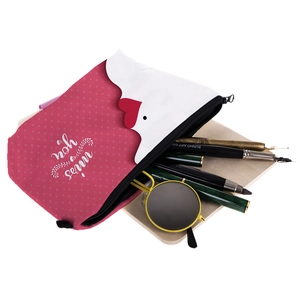 Pink and white canvas makeup bag with miss you print and heart pattern storage