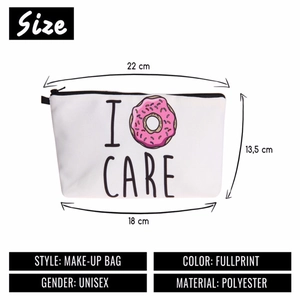 Detailed size specifications for a white polyester doughnut print cosmetic travel bag