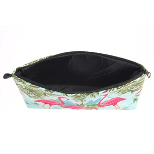 Portable makeup bag with tropical flamingo print and black zipper on blue background