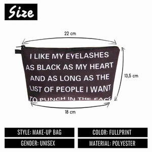 Detailed size specifications for the black polyester makeup bag with white lettering