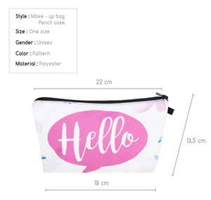 Detailed view of polyester cosmetic pouch with Hello print and precise dimension measurements