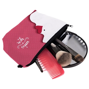 Polka dot pink travel makeup bag printed with 'miss you' and red hearts pattern