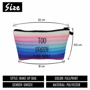 Rainbow striped makeup bag showing dimensions 22x18x13.5cm and Too Sassy print