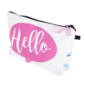 White canvas makeup bag with Hello print and floral patterns for travel storage