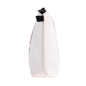White donut letter print makeup bag with zipper and black strap side view