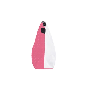 Pink polka dot makeup bag with white front and Miss You lip print for travel storage