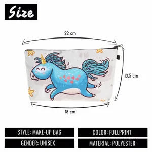 Size chart showing dimensions of the unicorn print polyester makeup bag