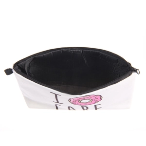 White canvas makeup bag with donut print and I CARE text, featuring a black zipper