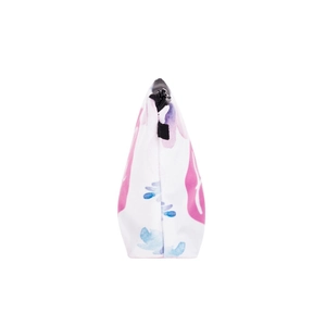 White canvas floral makeup bag with pink flower patterns and black zipper closure
