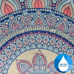 Detail showing water-resistant polyester fabric with mandala pattern and water droplets