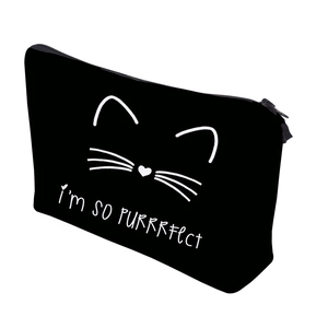 Black cat cosmetic bag with white line art print and top zipper on white background