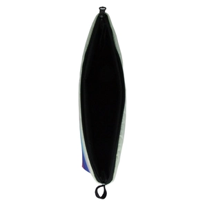 Macro view of gradient rainbow makeup bag showing black interior lining and zipper detail