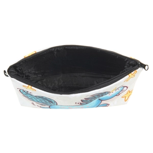 Portable white unicorn print makeup bag with stars and a black zipper closure