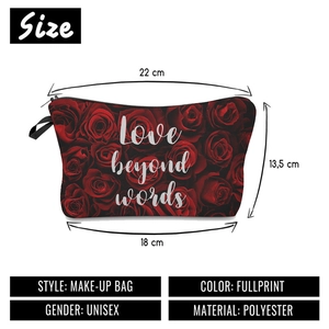 Dark red rose print cosmetic bag with 'Love beyond words' text and 22cm size details