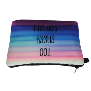 Rainbow striped makeup bag with 'TOO SASSY FOR YOU' print and zipper closure