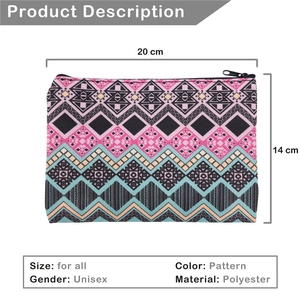 Geometric pattern square cosmetic bag in polyester with size markings and zipper