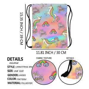 Detail view of rainbow unicorn drawstring bag showing 39x30cm size and polyester fabric