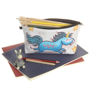 Cute blue running unicorn print canvas cosmetic bag for travel and stationery storage