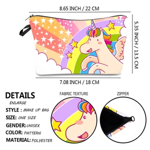 Detailed size chart of the rainbow unicorn polyester makeup bag with dimensions 22x13.5x18cm