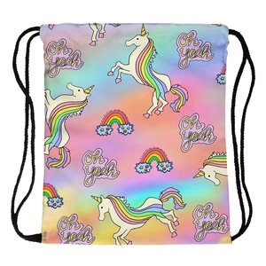 Detail of colorful rainbow unicorn print and drawstring closure on polyester travel bag